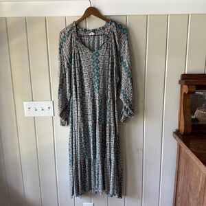 Women’s Easel Teal & Brown Printed Long Sleeve Oversized Maxi Dress, Size Small